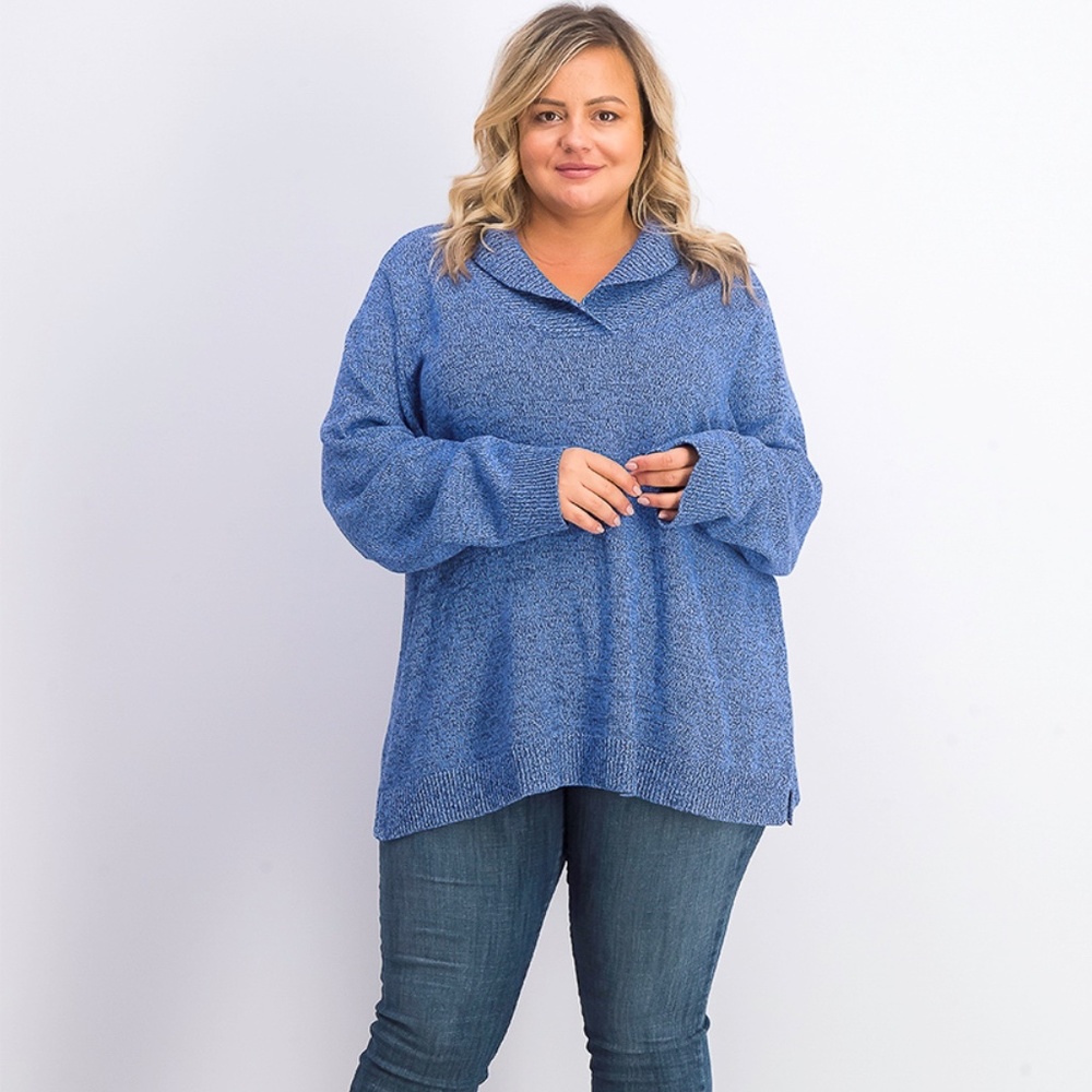 Karen Scott Marled Cotton Shawl-Collar Sweater Navy Blue